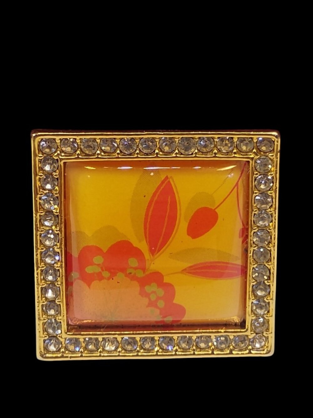 Avon Vintage Gold Tone Square Orange Flower Pendant Brooch with Stones